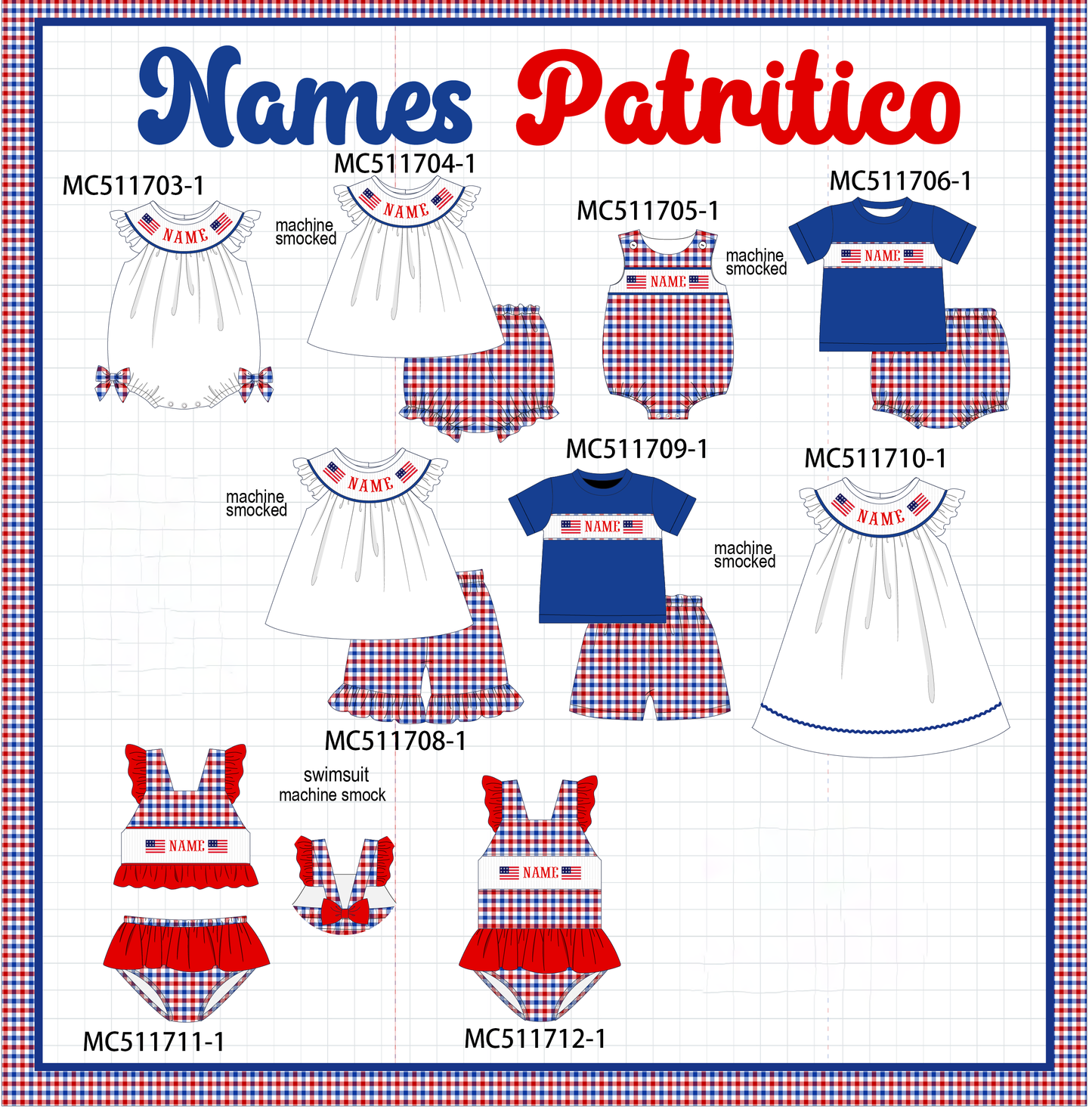 PO75 Patriotic flag monogram smocked gingham collection