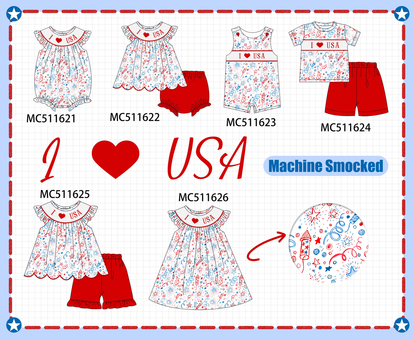 PO75 Red Patriotic I love USA smocked collection