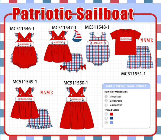 PO75 Red Patriotic sailboat monogram gingham embroidery collection
