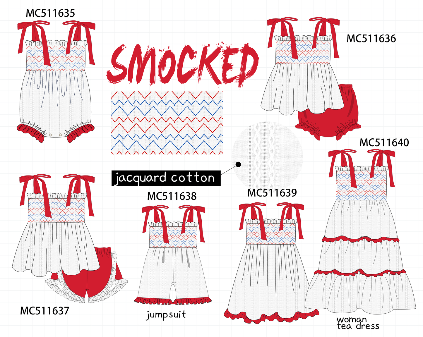 PO75 Red smocked jacquard ruffle collection